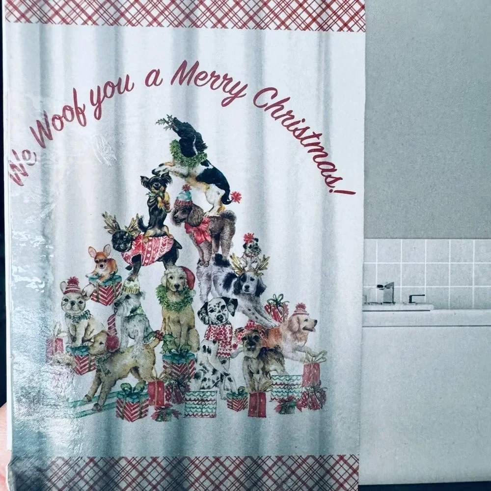 Woof Merry Christmas Holiday Pyramid Dogs Shower Curtain